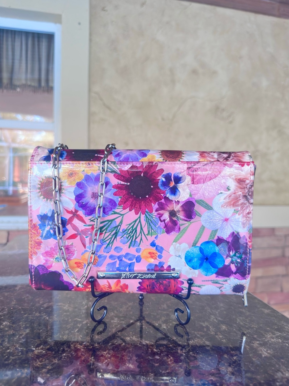 BETSEY JOHNSON Vibrant Floral Print Shoulder Bag w/Silver Crossbody Chain - Picture 9 of 17